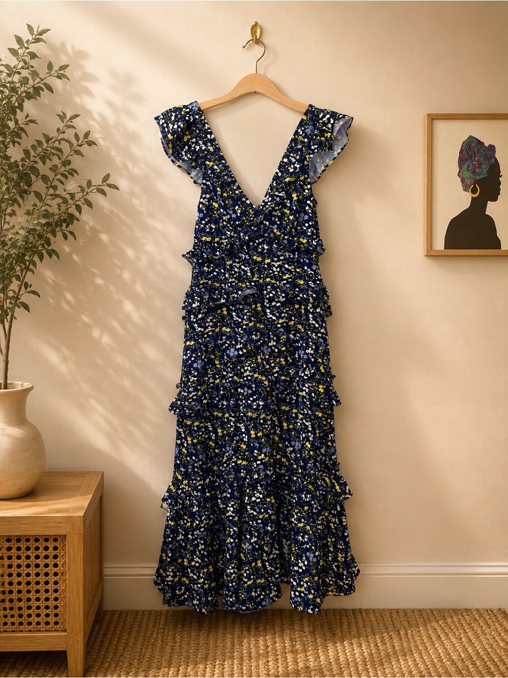 Altar'd State Navy Floral Ruffle Tiered Maxi Dress
